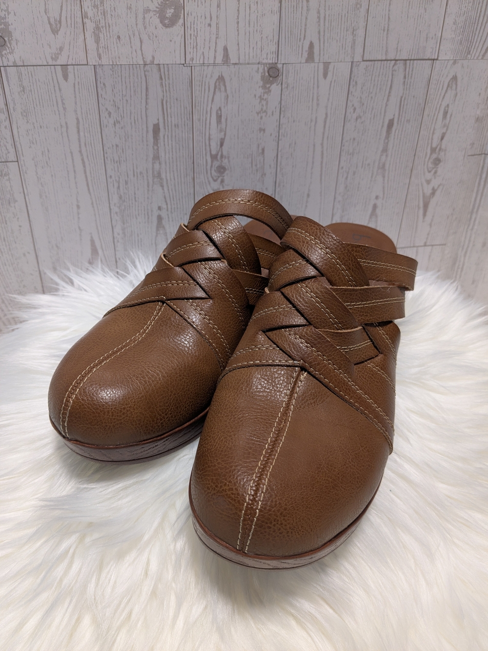 BOC Brown Leather Clog Mules with Woven Straps Block Heel